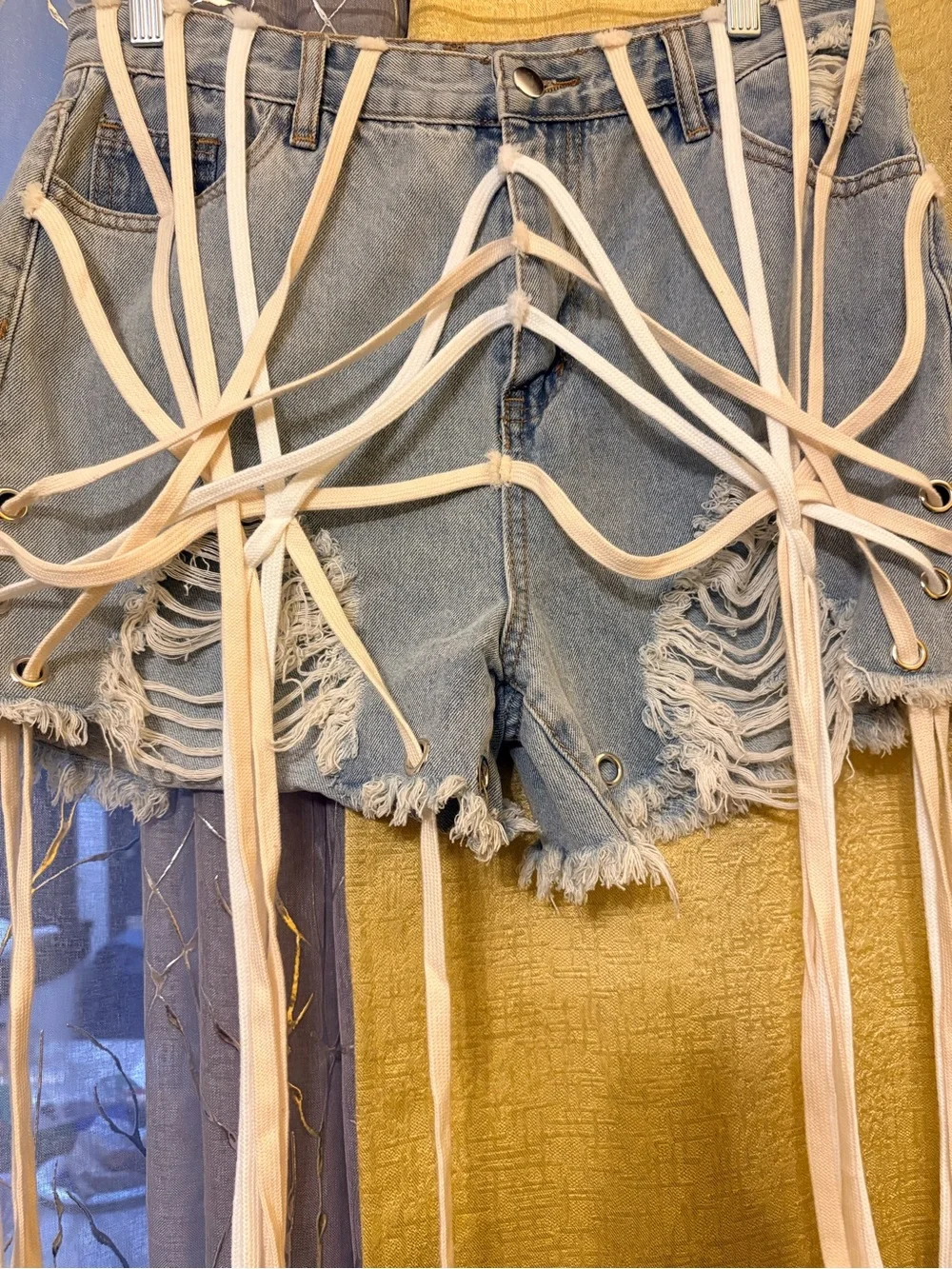 Denim Lace-Up Distressed Mini Skirt with Drawstring Details